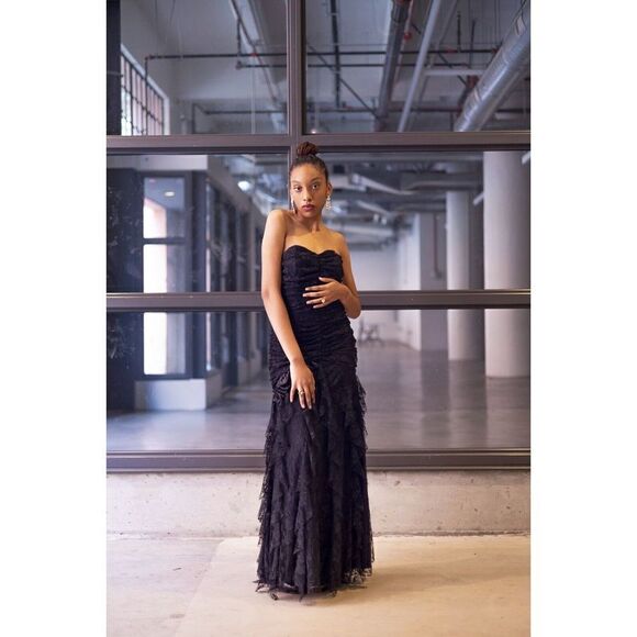 Jessica McClintock‎ Dress Size 10 Black Vintage 80s Lace Strapless Maxi Broach - Picture 7 of 11